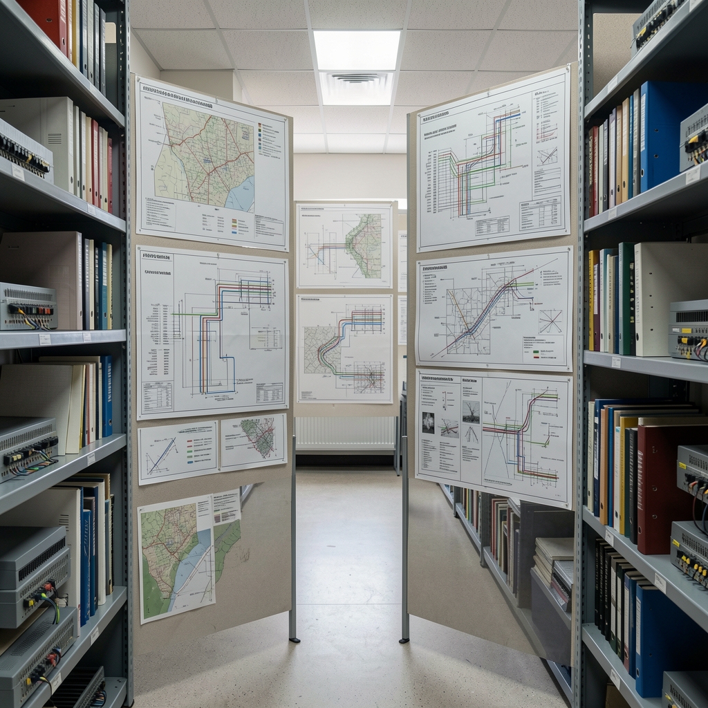 Sala de archivo y mapas técnicos sobre energía e infraestructura argentina, sin personas visibles