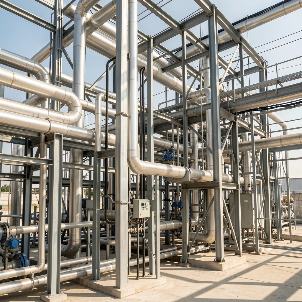 Instalación industrial argentina con tuberías, estructuras metálicas y sistemas de energía, sin trabajadores visibles