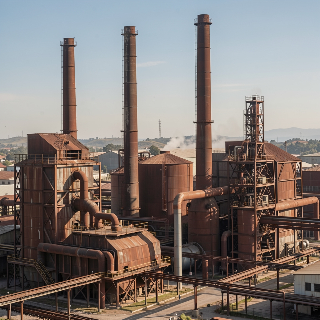 Fábrica metalúrgica argentina con hornos, chimeneas y estructuras de acero sin personas