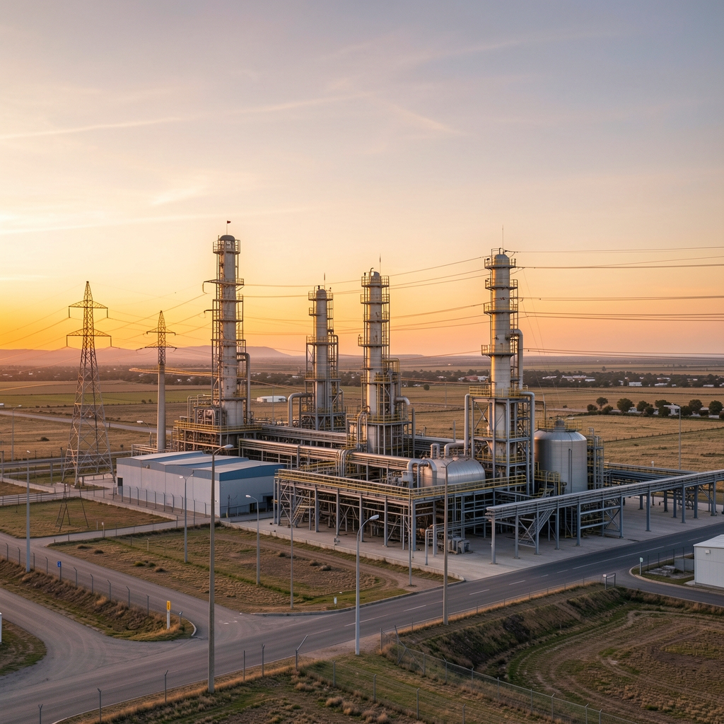 Complejo industrial argentino con torres de proceso, líneas eléctricas y horizonte abierto al atardecer, sin personas
