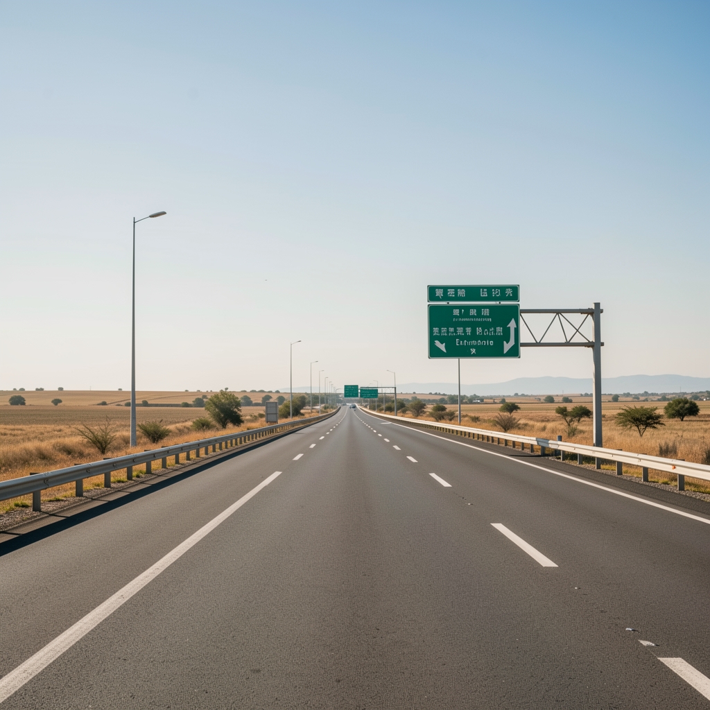 Autopista argentina de larga distancia con señalización, pavimento y paisaje abierto, sin vehículos ni personas visibles