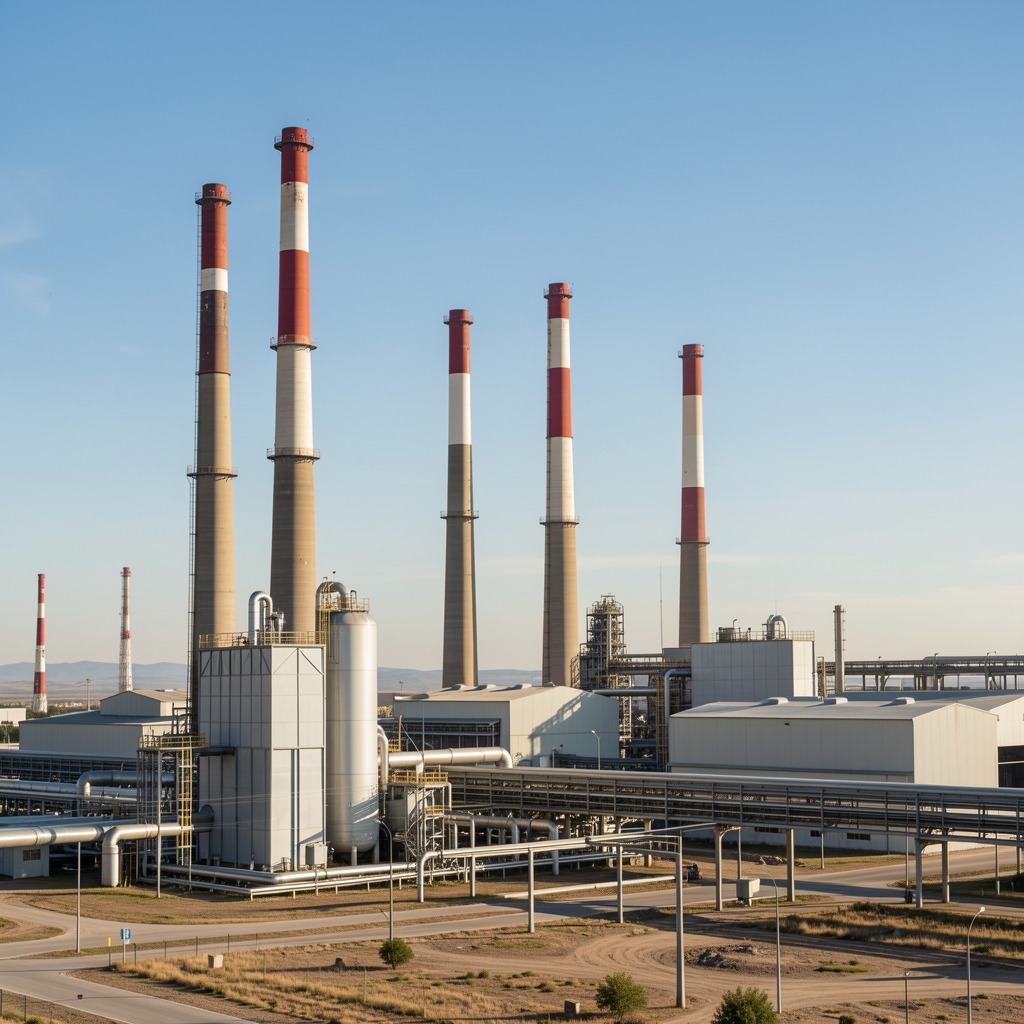 Torres de proceso y chimeneas de un parque industrial argentino bajo cielo despejado, sin personas